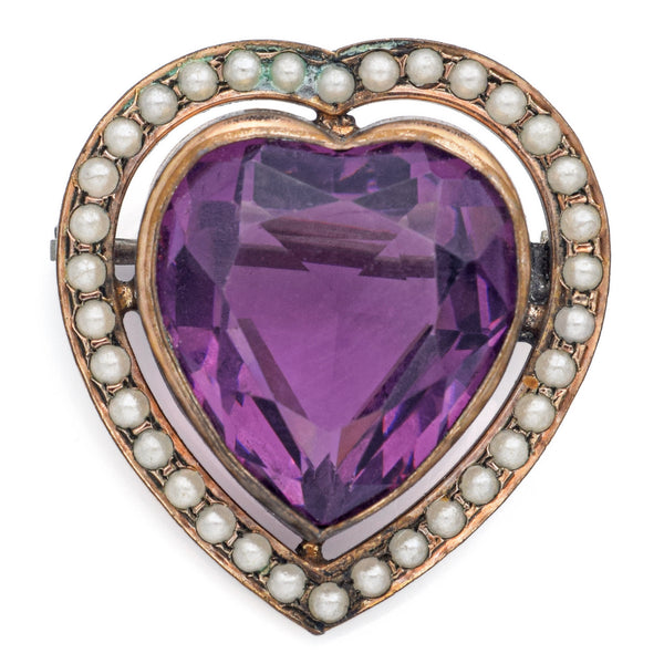 Antique Gold Filled Purple Paste & Seed Pearl Heart Brooch Pin