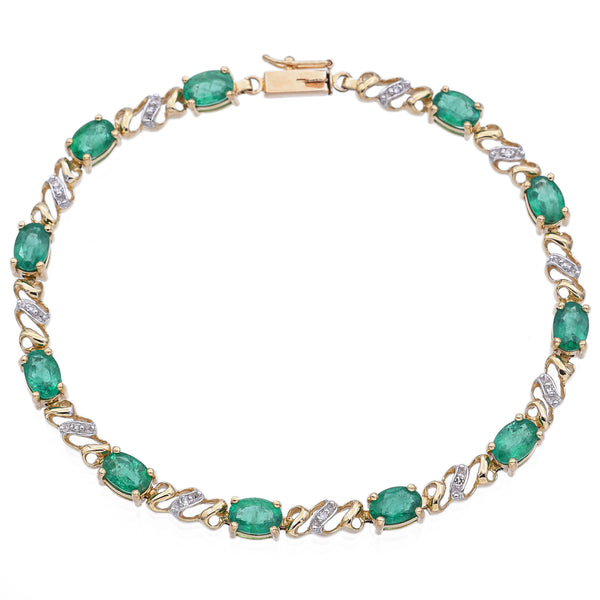 Estate 14K Yellow Gold Emerald & Diamond Oval Cut Tennis Bracelet