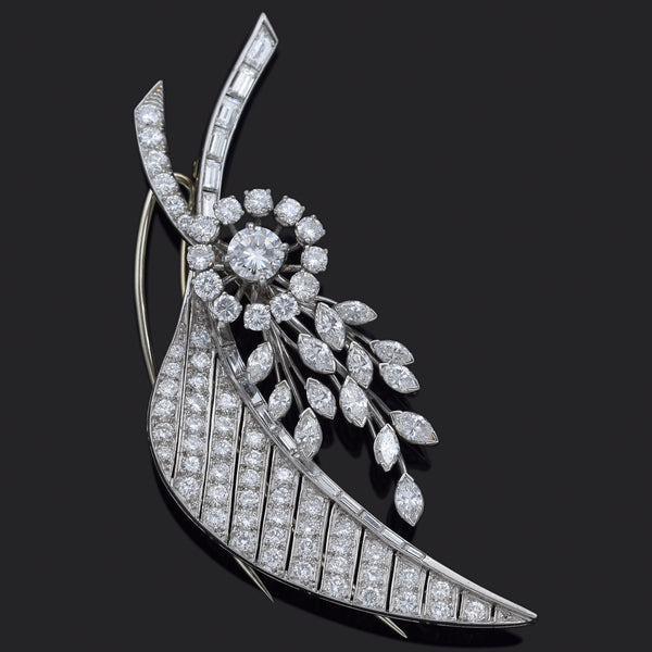 Vintage Platinum 6.33 TCW Diamond Floral Leaf Brooch Pin