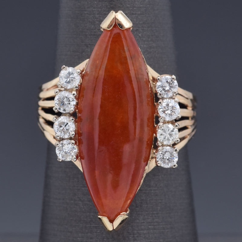 Vintage 14K Yellow Gold 4.96 Ct Orange Jade & 0.48 TCW Diamond Ring Size 5.75