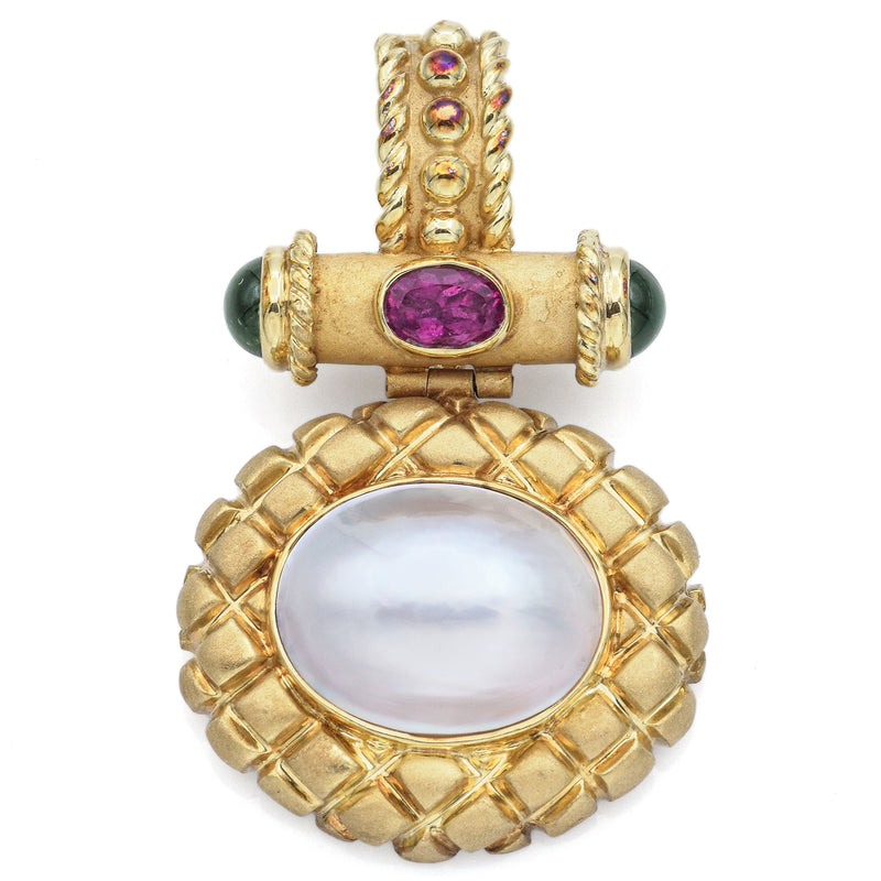 Vintage 14K Yellow Gold Mabe Pearl & Tourmaline Enhancer Pendant