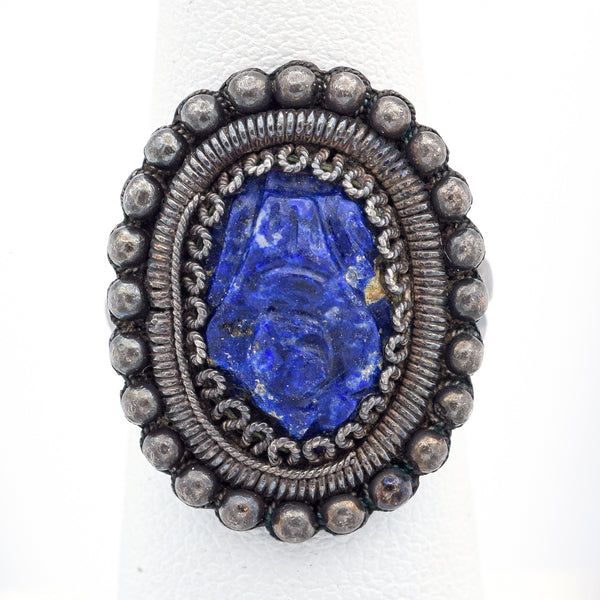 Vintage Chinese Silver Carved Lapis Cocktail Ring Size 6.25