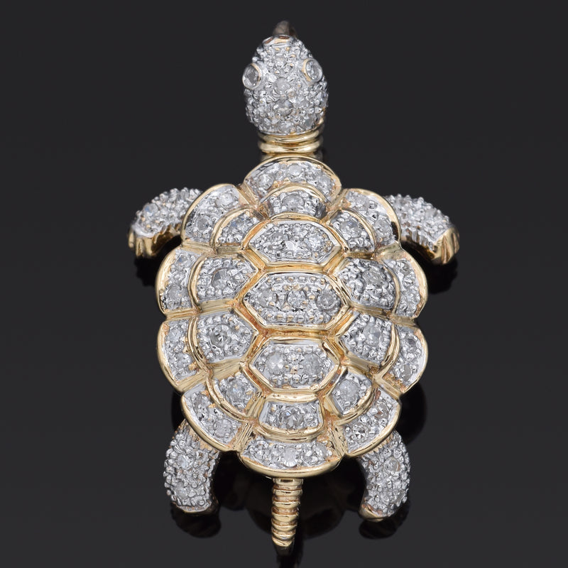Estate 14K Yellow Gold 0.65 TCW Diamond Articulated Turtle Brooch Pin Pendant