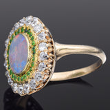 Antique 14K Yellow Gold Opal, Tsavorite Garnet & 0.82 TCW Diamond Ring Size 6.25