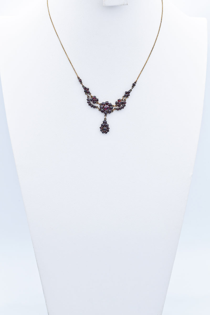 Antique Garnet 10K Yellow Gold Dangle Earrings & Gold Filled Necklace Set