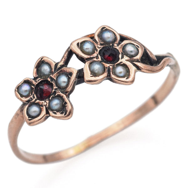 Antique 8K Yellow Gold Garnet & Seed Pearl Floral Band Ring Size 5.25