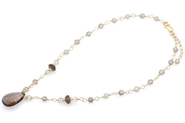 Estate 18K Yellow Gold Smoky Quartz Pendant Beaded Necklace with 20K Gold Clasp
