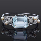 Vintage 14K White Gold 43.70 Ct Aquamarine, Pearl & 1.02 TCW Diamond Bracelet