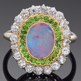 Antique 14K Yellow Gold Opal, Tsavorite Garnet & 0.82 TCW Diamond Ring Size 6.25