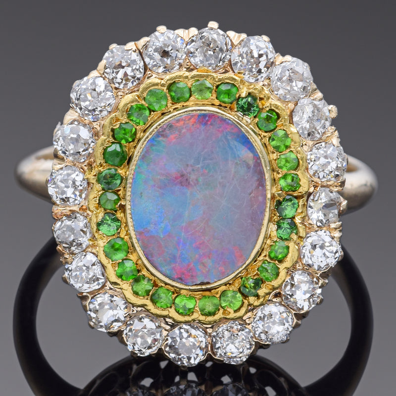 Antique 14K Yellow Gold Opal, Tsavorite Garnet & 0.82 TCW Diamond Ring Size 6.25