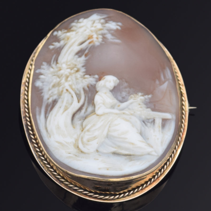 Antique 14K Yellow Gold Cameo Large Oval Brooch Pin