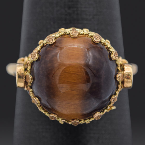 Vintage French 18K Yellow Gold Chrysoprase Tiger's Eye Ball Interchangeable Ring