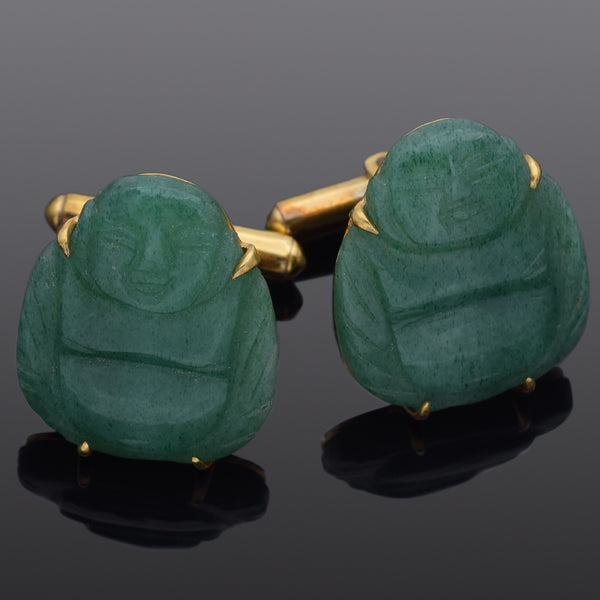 Vintage 14K Yellow Gold Aventurine Carved Buddha Large Cufflinks 13.2 Grams