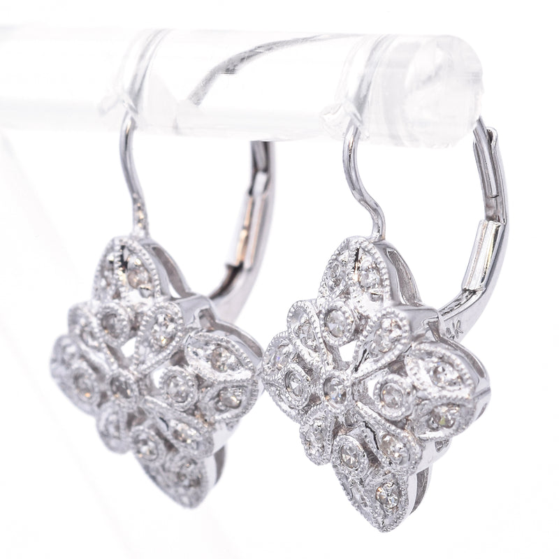 Estate 14K White Gold 0.32 TCW Diamond Leverback Dangle Earrings