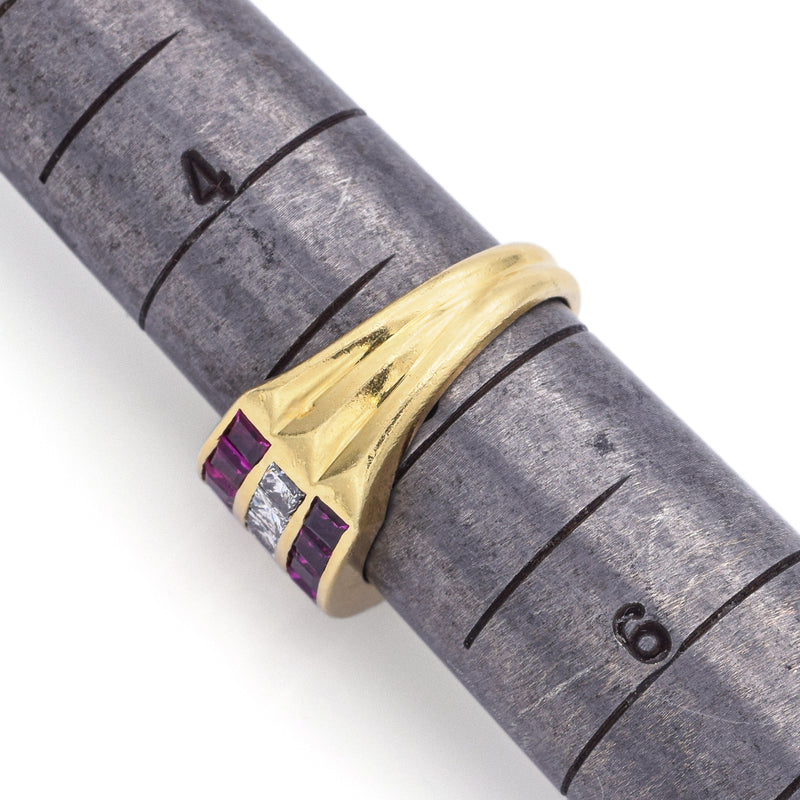 Estate 18K Yellow Gold Princess Cut Ruby & 0.90TCW Diamond 3 Row Band Ring Size 4.75