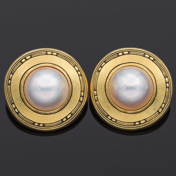 Vintage Mabe Pearl 18K Yellow Gold Large Round Clip-On Earrings