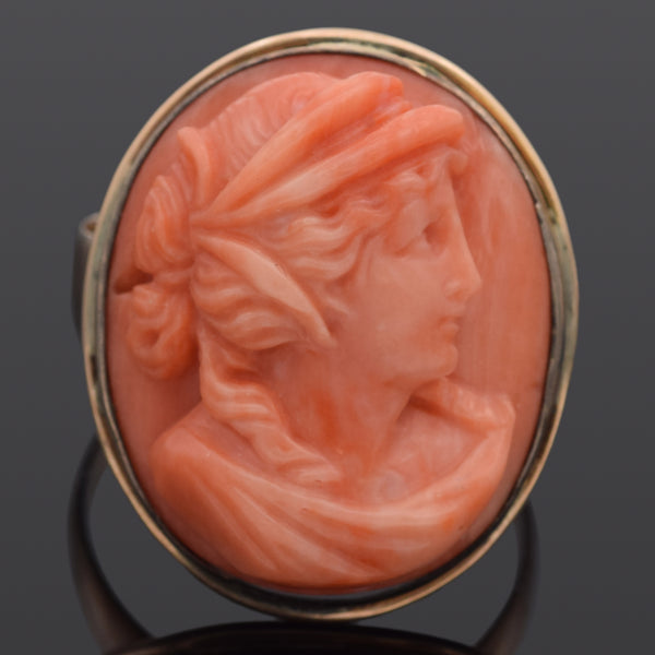 Antique 14K Yellow Gold Red Coral Cameo Cocktail Ring Size 7.5