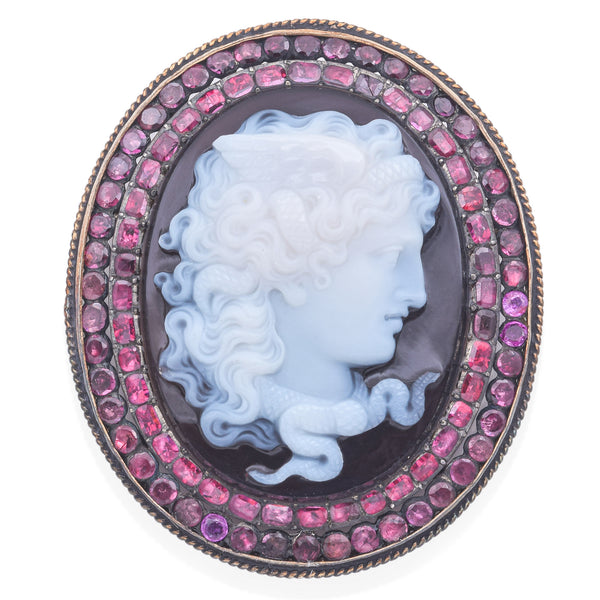 Antique Silver and Gold Agate Cameo & Tourmaline Medusa Brooch Pin Pendant