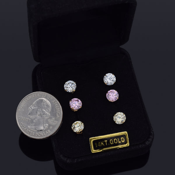 Estate 14K Yellow Gold 6.25 mm Pink & White CZ Stud Earrings +Box Lot of 3 Pairs