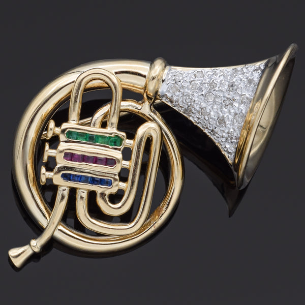 Estate Multi-Stone and 0.23 TCW Diamond 14K Yellow Gold French Horn Brooch Pin