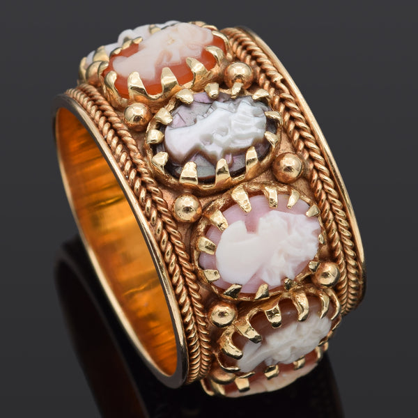 Vintage ACI 14K Yellow Gold Angel Skin Coral, Mother of Pearl & Shell Cameo Ring