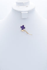 Vintage 14K Yellow Gold Amethyst & Diamond Floral Brooch Pin