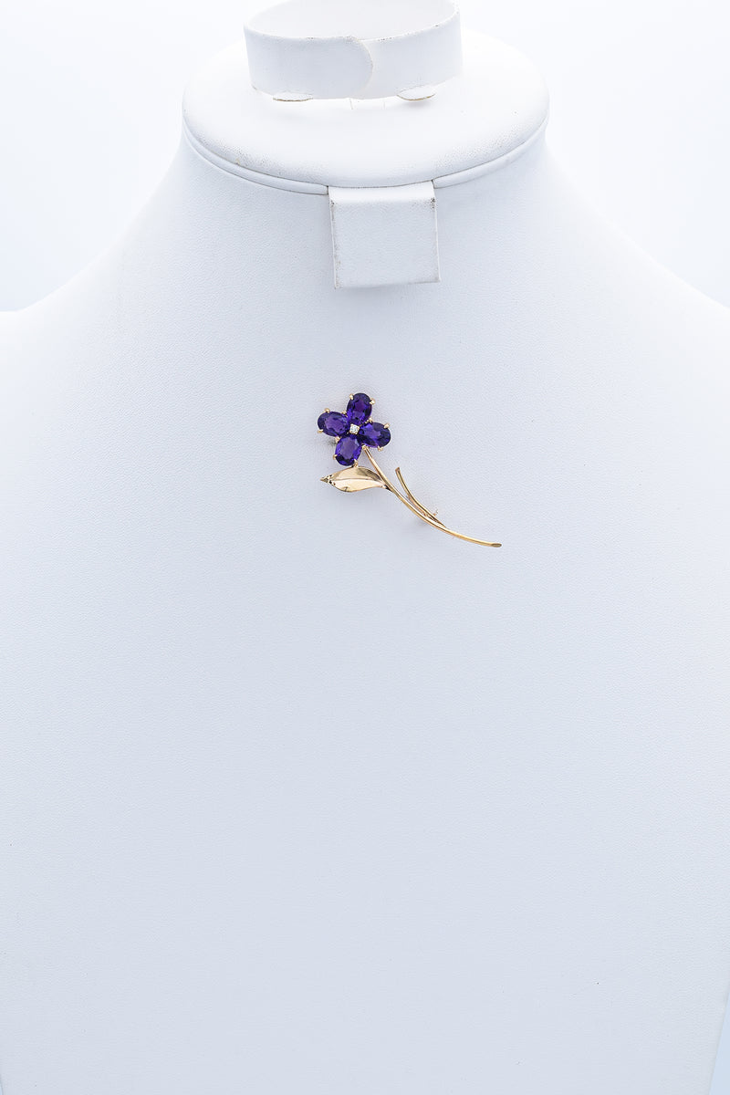 Vintage 14K Yellow Gold Amethyst & Diamond Floral Brooch Pin