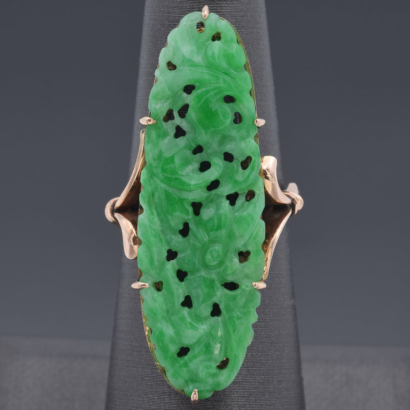 Vintage 14K Yellow Gold Green Jade Carved Floral Ring Size 6