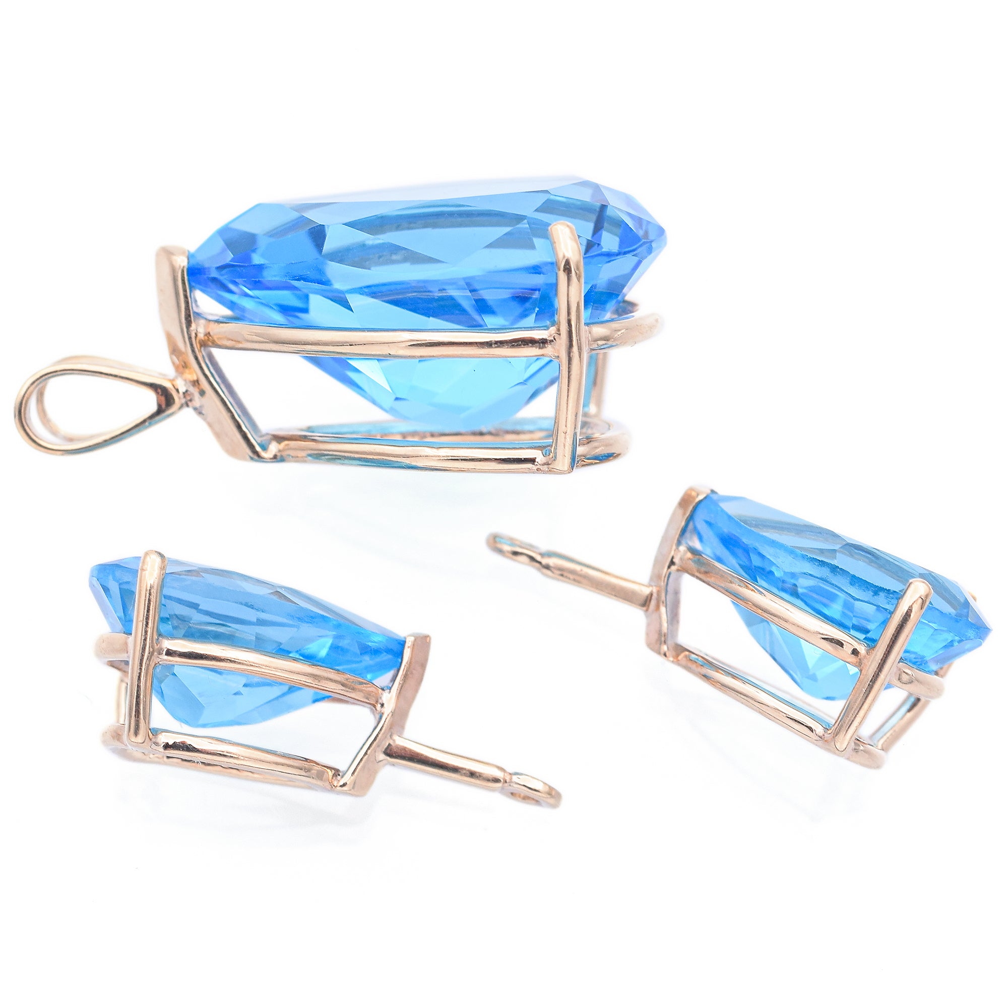 Estate 14K Yellow Gold Blue Topaz Pear Pendant & Jacket Earrings Set