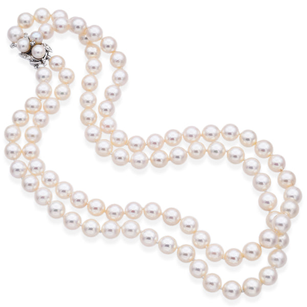 Vintage 14K White Gold Pearl & Diamond Beaded Double-Strand Necklace 15.5 Inches