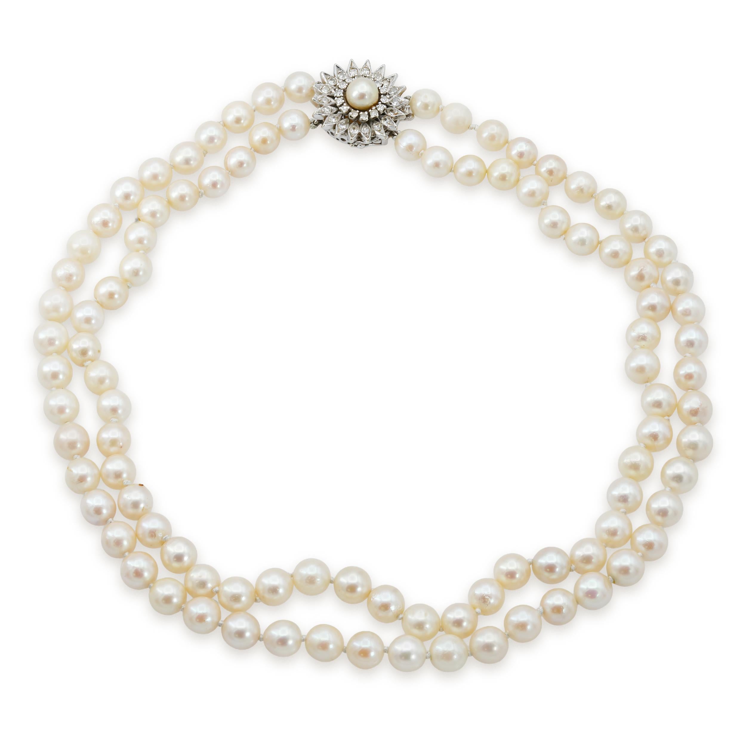Vintage 14k White Gold Pearls With Diamond Clasp Double Strand Necklace