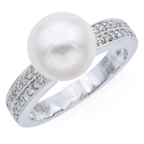 Estate 14K White Gold Pearl & Diamond Band Ring Size 7
