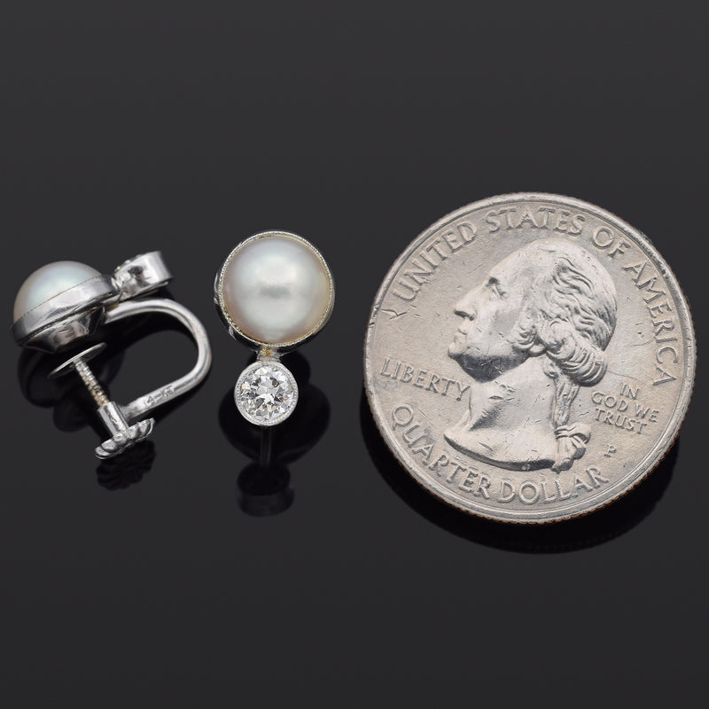 Vintage 14K White Gold Sea Pearl & 0.44 TCW Old Euro Diamond Screw Back Earrings