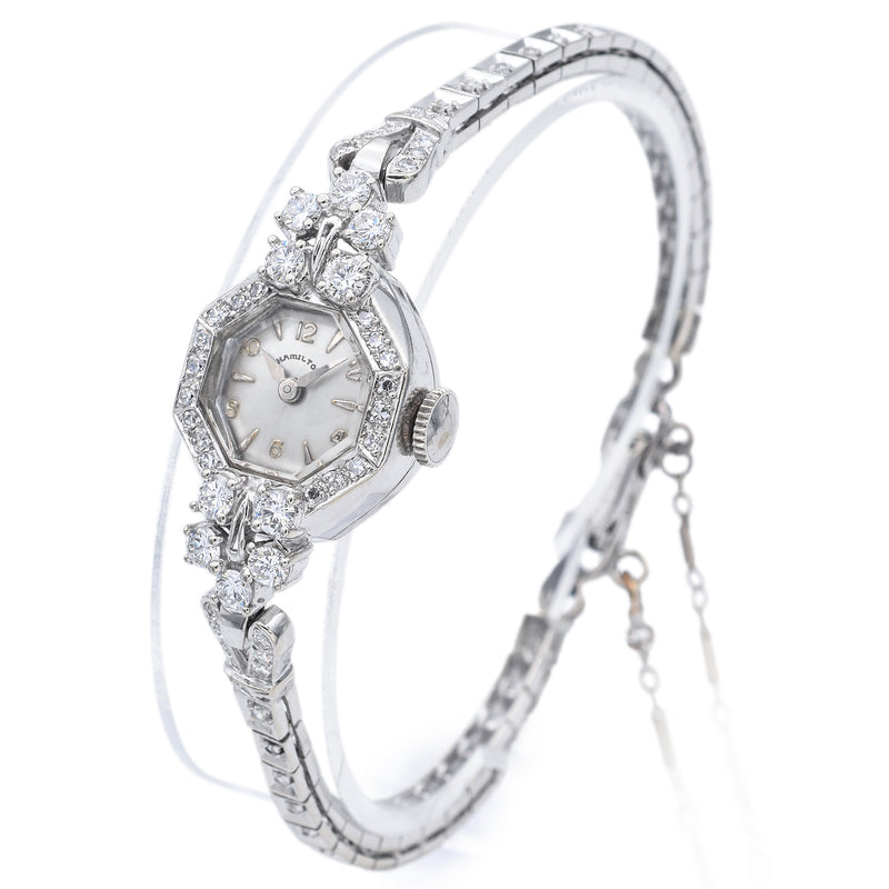 14k White Gold Vintage Ladies Hamilton Watch. Nice Diamonds.