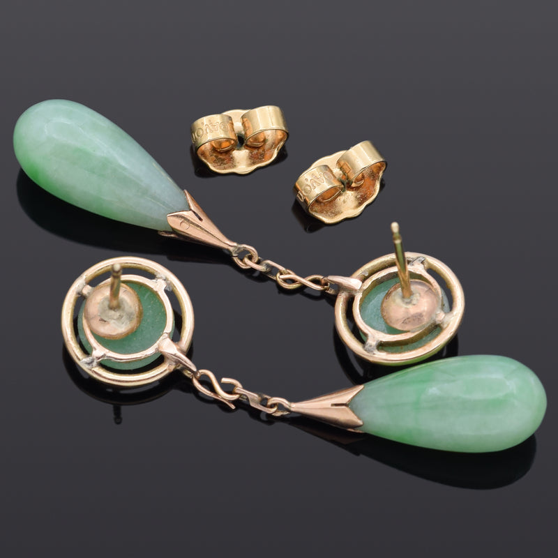 Vintage 14K Yellow Gold Green Jade Pear Dangle Earrings