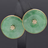 Vintage 14K Yellow Gold Green Jade & Diamond Large Round Omega-Back Earrings