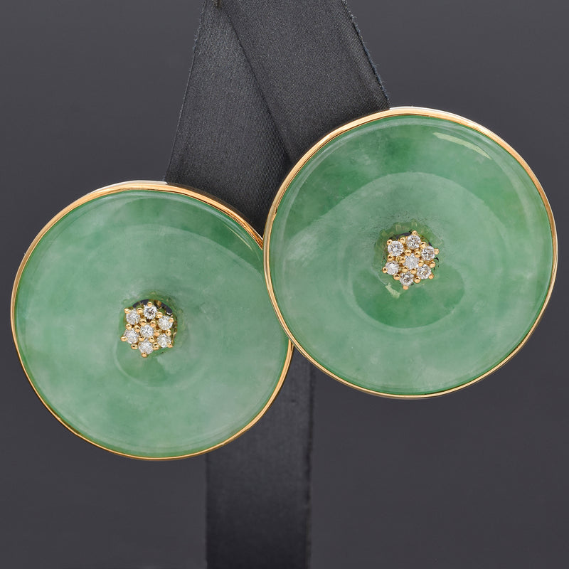 Vintage 14K Yellow Gold Green Jade & Diamond Large Round Omega-Back Earrings
