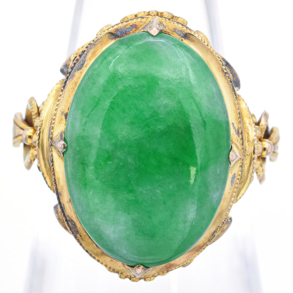 Vintage 12K Yellow Gold 5.85 Ct Green Jade Oval Cabochon Ring Size 4.5