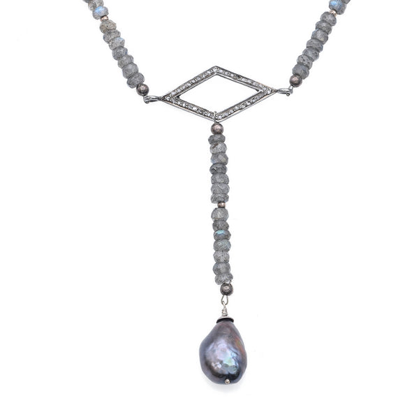 Estate Sterling Silver Moonstone, Pearl & Diamond Y Drop Pendant Necklace