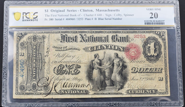 $1 Original Series First Natl Bank of Clinton Mass, Charter 440 FR380 PCGS VF 20
