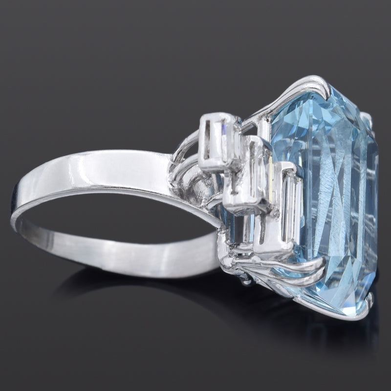 Estate 12.82 TCW Aquamarine & 0.76 TCW Diamond Platinum Ring Size 6.5
