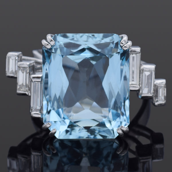Estate 12.82 TCW Aquamarine & 0.76 TCW Diamond Platinum Ring Size 6.5