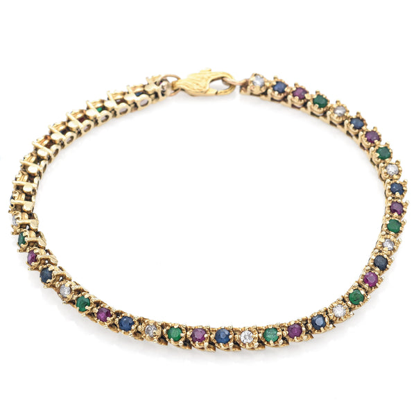 Vintage 14K Yellow Gold Sapphire, Emerald, Ruby, 0.44TCW Diamond Tennis Bracelet