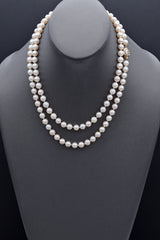 Vintage 14K Yellow Gold 7-7.5 mm Pearl & Diamond Beaded Strand Necklace 36"