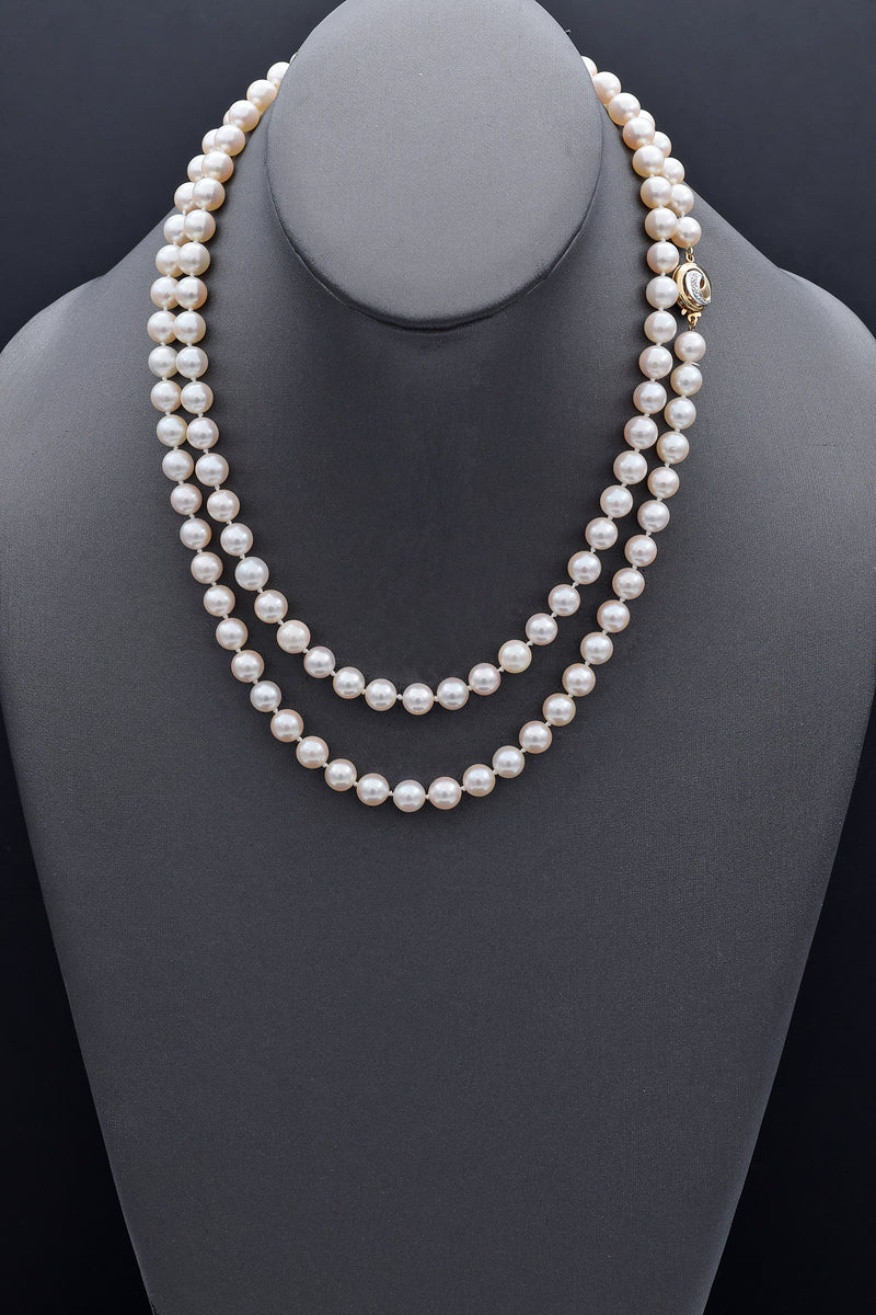 Vintage 14K Yellow Gold 7-7.5 mm Pearl & Diamond Beaded Strand Necklace 36"