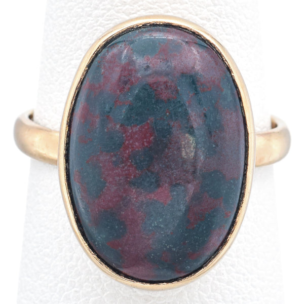 Vintage Bloodstone Cabochon Oval 14K Yellow Gold Cocktail Ring Size 6