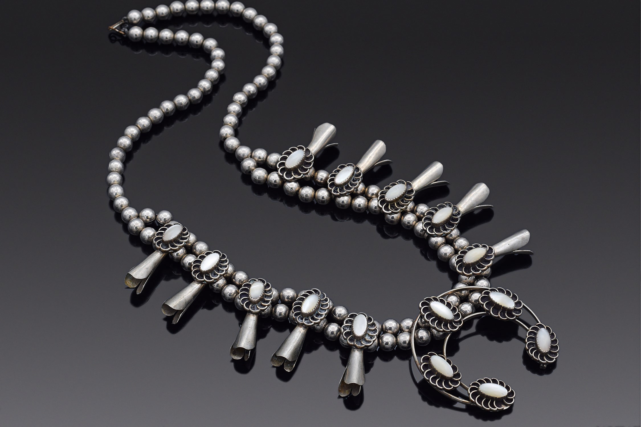 Vintage Mother of Pearl Nickel Squash Blossom Necklace Blue Ribbon