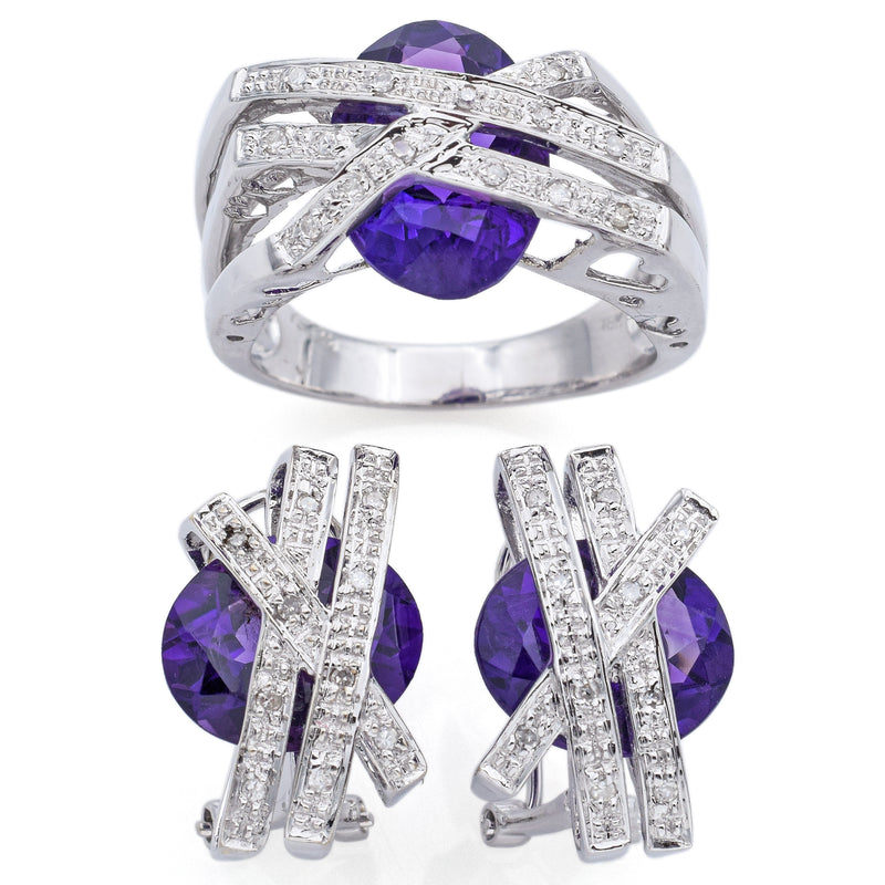 Estate 18K White Gold Amethyst & 0.34 TCW Diamond Ring & Omega-Back Earrings Set