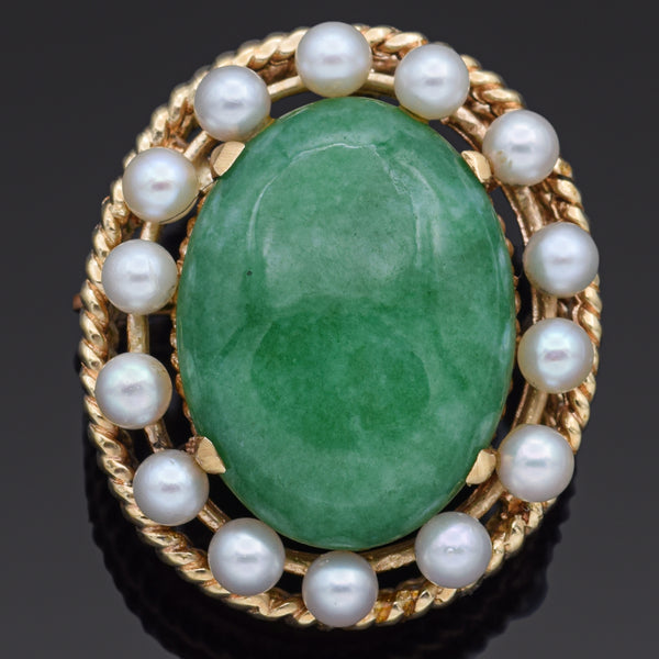 Vintage 14K Yellow Gold 10.45 Ct Green Jade & Pearl Oval Brooch Pin Pendant