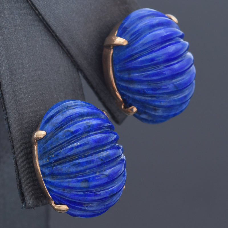 Cartier Vintage 1950s/1960s 14K Yellow Gold Lapis Carved Oval Cabochon Earrings
